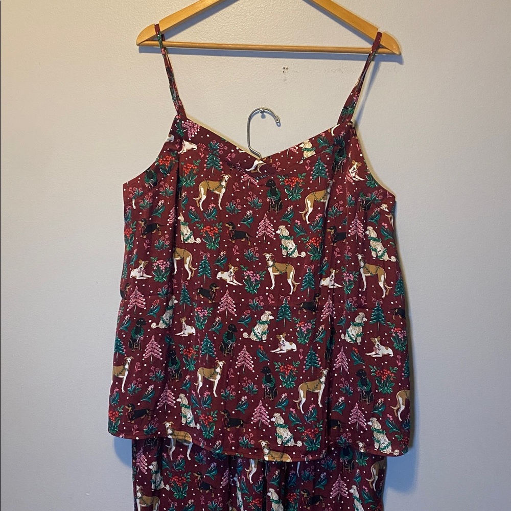 Lands End Pajama Set Women Large Burgundy Holiday Hounds Print Pull On Pant Tank - Picture 4 of 16